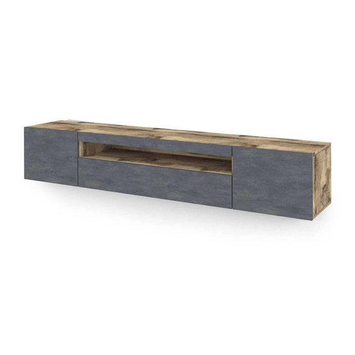 Mobile porta TV Amore, Credenza bassa da soggiorno a 3 ante, Base porta televisione, 100% Made in Italy, cm 200x40h37, Acero e Ardesia, con luce LED