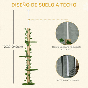 Árbol para Gatos del Suelo al Techo 37x21x202-242 cm Torre para Gatos con Altura Ajustable 4 Plataformas de Césped Artificial Hojas Artificiales y Poste de Yute Verde