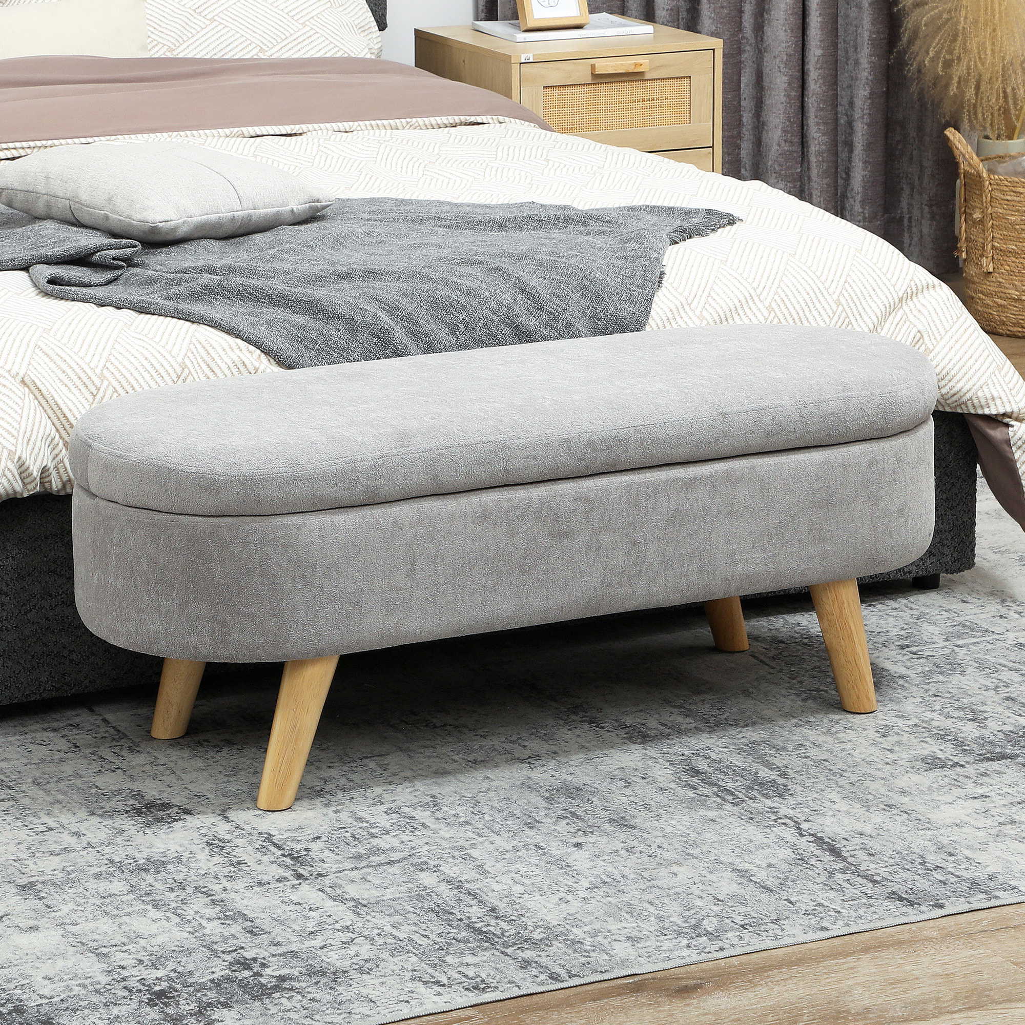 Banco Pie de Cama, Puff Almacenaje Tapizado en Terciopelo de Teddy con Patas de Madera y Asiento Acolchado, Banco de Almacenaje Ovalado para Dormitorio, Entrada, Pasillo, Gris Claro