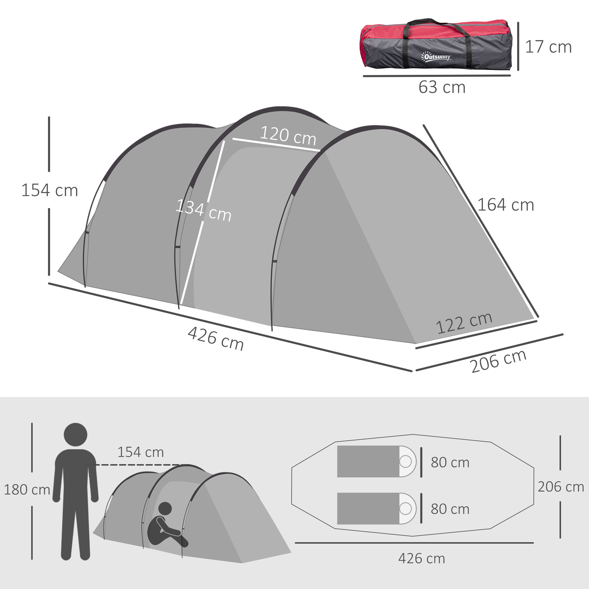 Tente de camping 2-3 personnes montage facile 3 portes fenêtres dim. 4,26L x 2,06l x 1,54H m fibre verre polyester PE gris