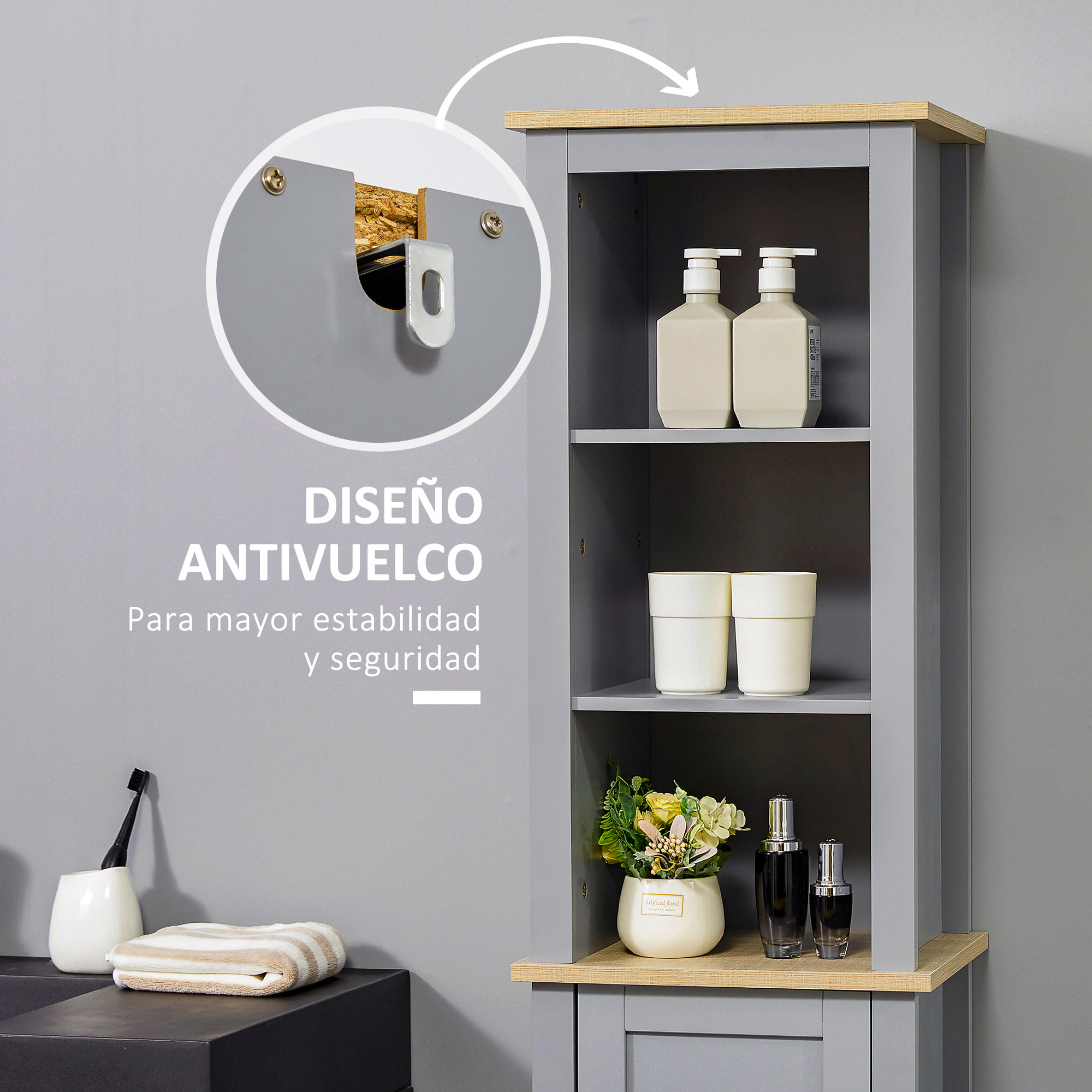 kleankin Armario Alto de Baño Mueble Columna Estrecho Moderno con 1 Puerta Estante Ajustable y 3 Compartimentos Abiertos 39x30x168 cm Gris