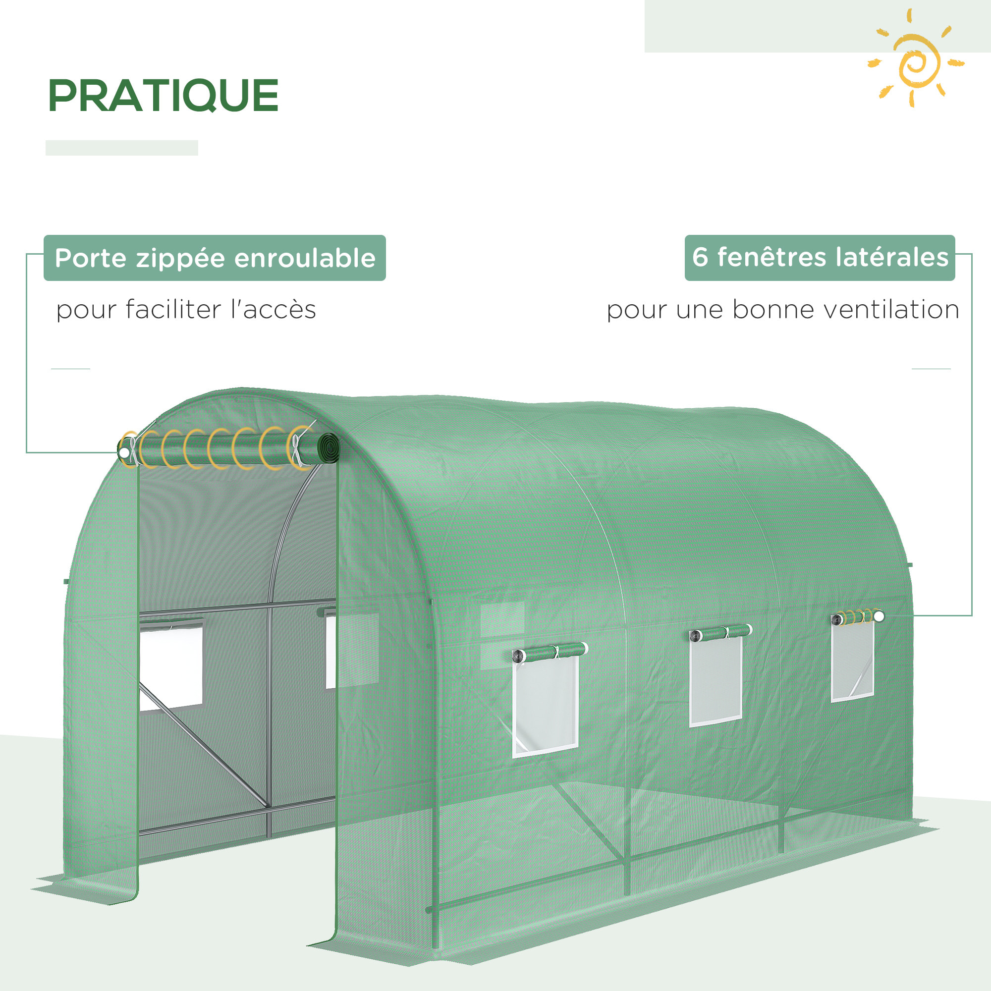 Serre de jardin tunnel 7m² 3,5L x 2l x 2H m châssis tubulaire acier galvanisé renforcé 6 fenêtres 1 portes vert