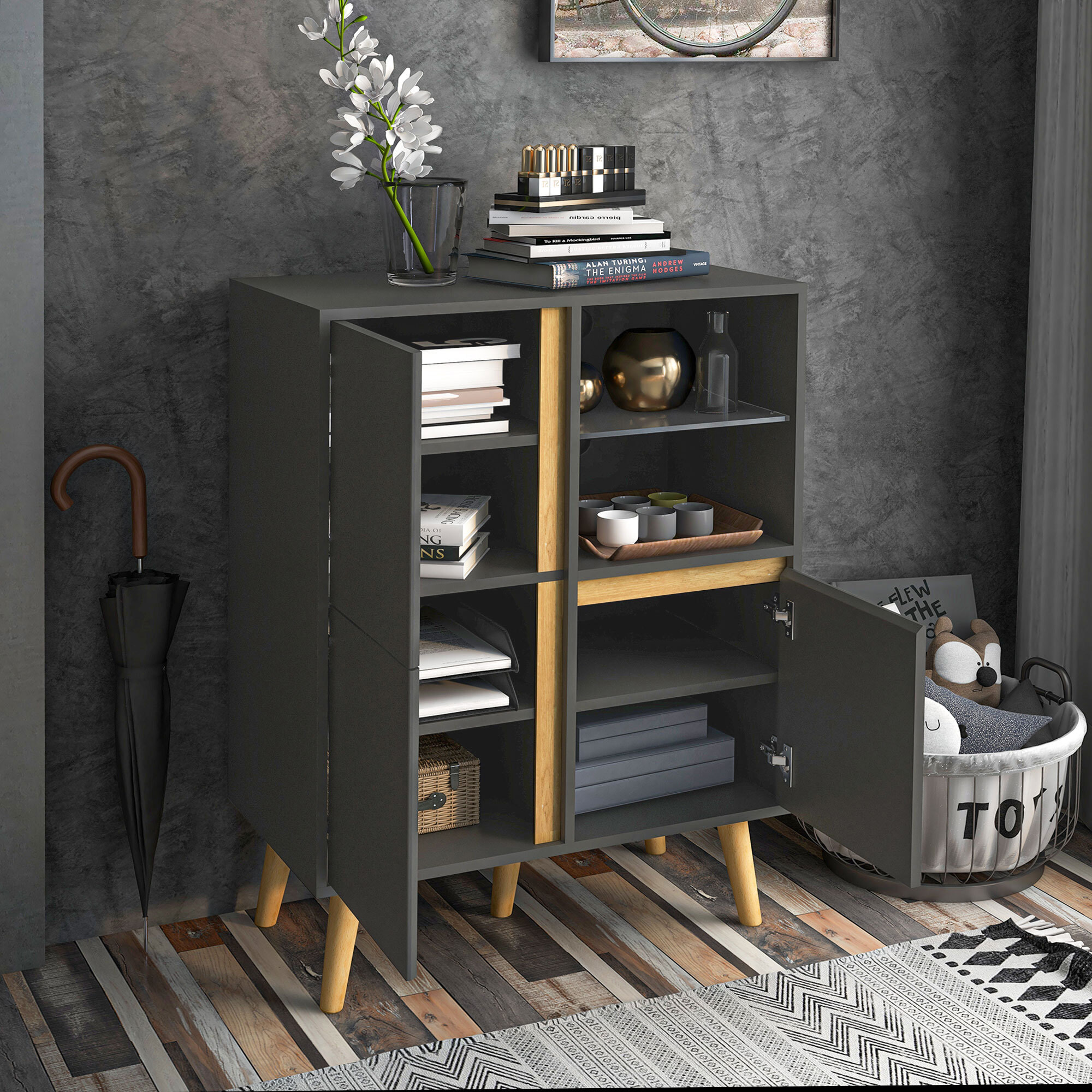 Meuble TV Hi-fi sur pied design scandinave 3 portes 3 étagères 2 niches verre trempé bois gris