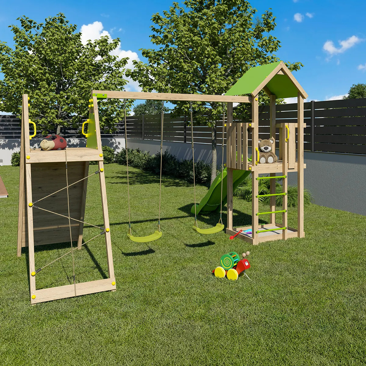 Aire de jeux bois 2,20 m OLYMPIA XPERIENCE vert - 9 enfants