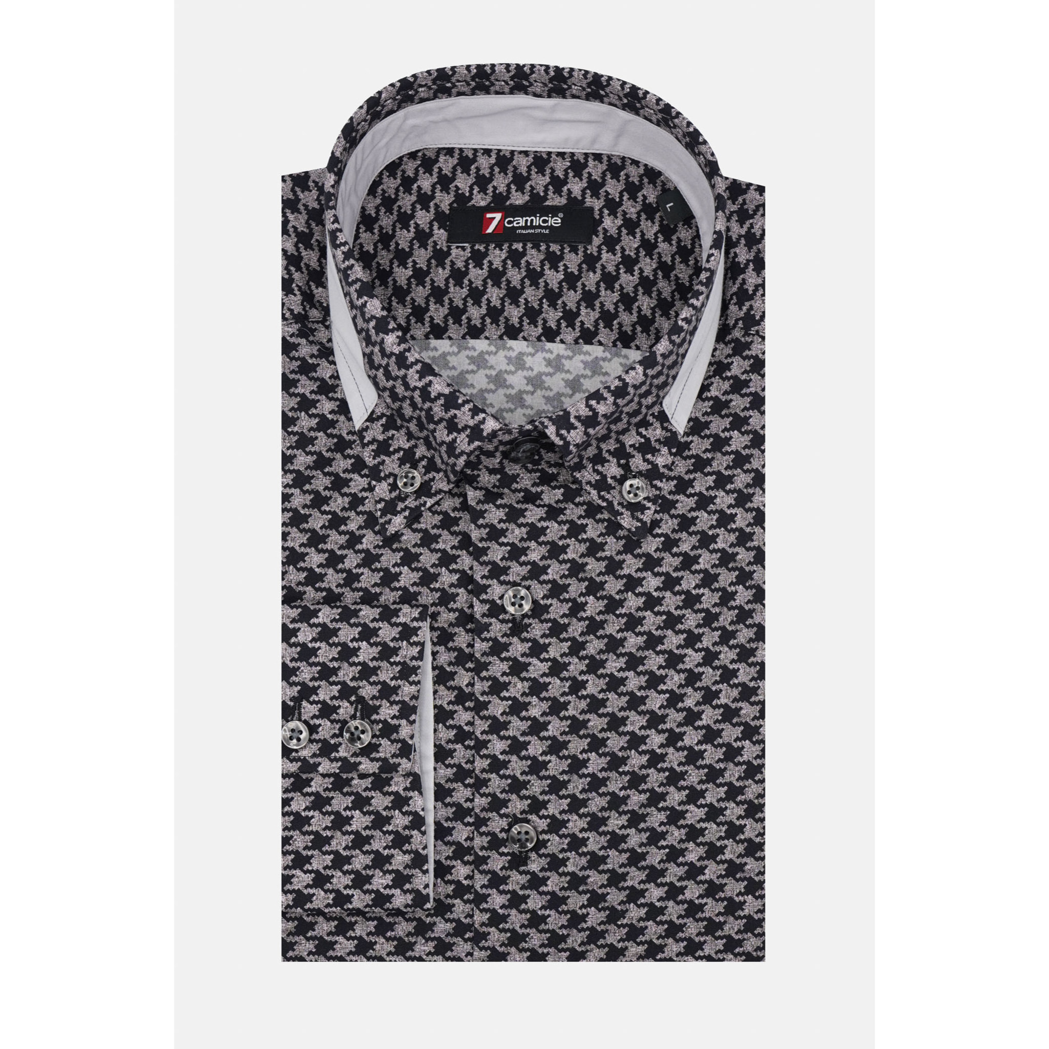 Camicia Uomo 2bottoni Button Down Doppio Collo Slim Popeline Stampato Grigio Scuro/Nero