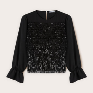 Motivi - Blusa en georgette y bordado de lentejuelas - Negro