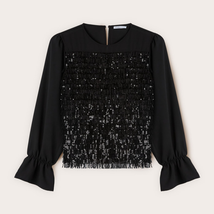 Motivi - Blusa en georgette y bordado de lentejuelas - Negro