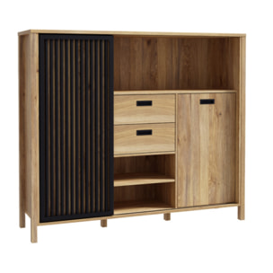 Armoirette L150cm 2 portes 2 tiroirs décor bois chêne et noir - BOSTON
