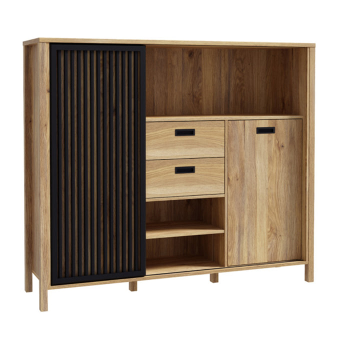 Armoirette L150cm 2 portes 2 tiroirs décor bois chêne et noir - BOSTON
