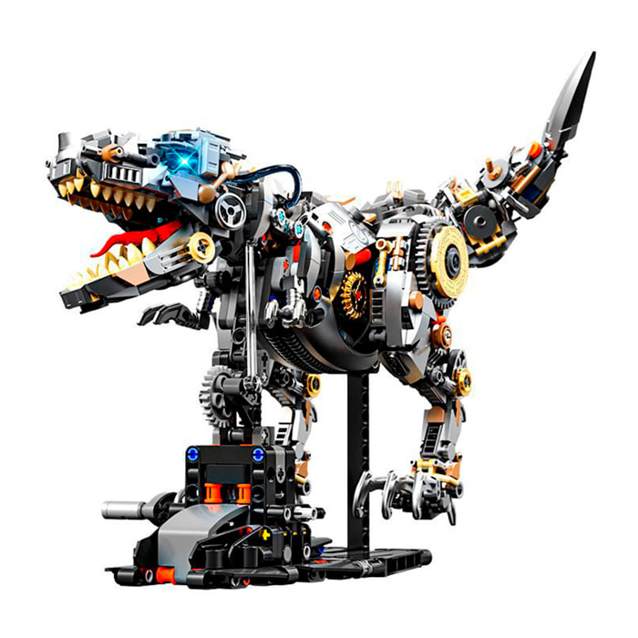 Maqueta 3D mecanizada de Tyrannosaurus Rex con 1268 piezas, equipada con luces y mecanismo de manivela que permite movimiento dinámico.