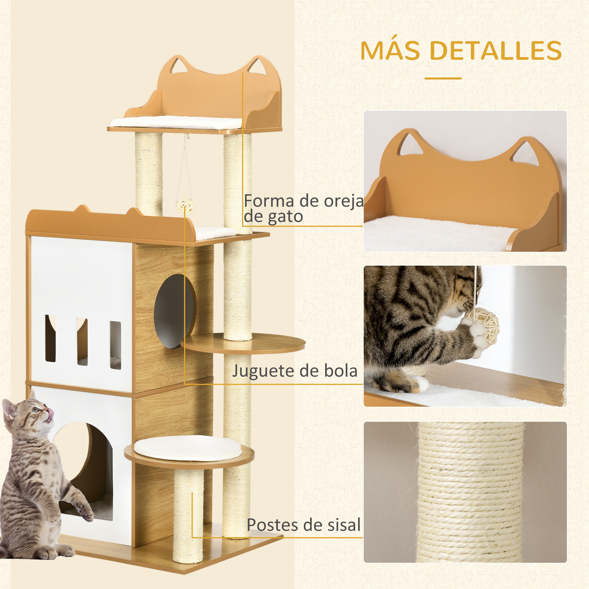 Árbol Rascador para Gatos 133 cm Torre para Gatos Rascador para Gatos con Cuevas Plataformas Bola Colgante y Postes de Sisal 60x48x133 cm Roble