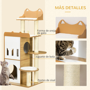 Árbol Rascador para Gatos 133 cm Torre para Gatos Rascador para Gatos con Cuevas Plataformas Bola Colgante y Postes de Sisal 60x48x133 cm Roble