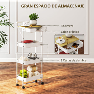 Carrito Auxiliar con Ruedas de 4 Niveles Carro de Cocina con 1 Cajón y 3 Cestas Carrito Organizador para Dormitorio Salón Oficina Blanco