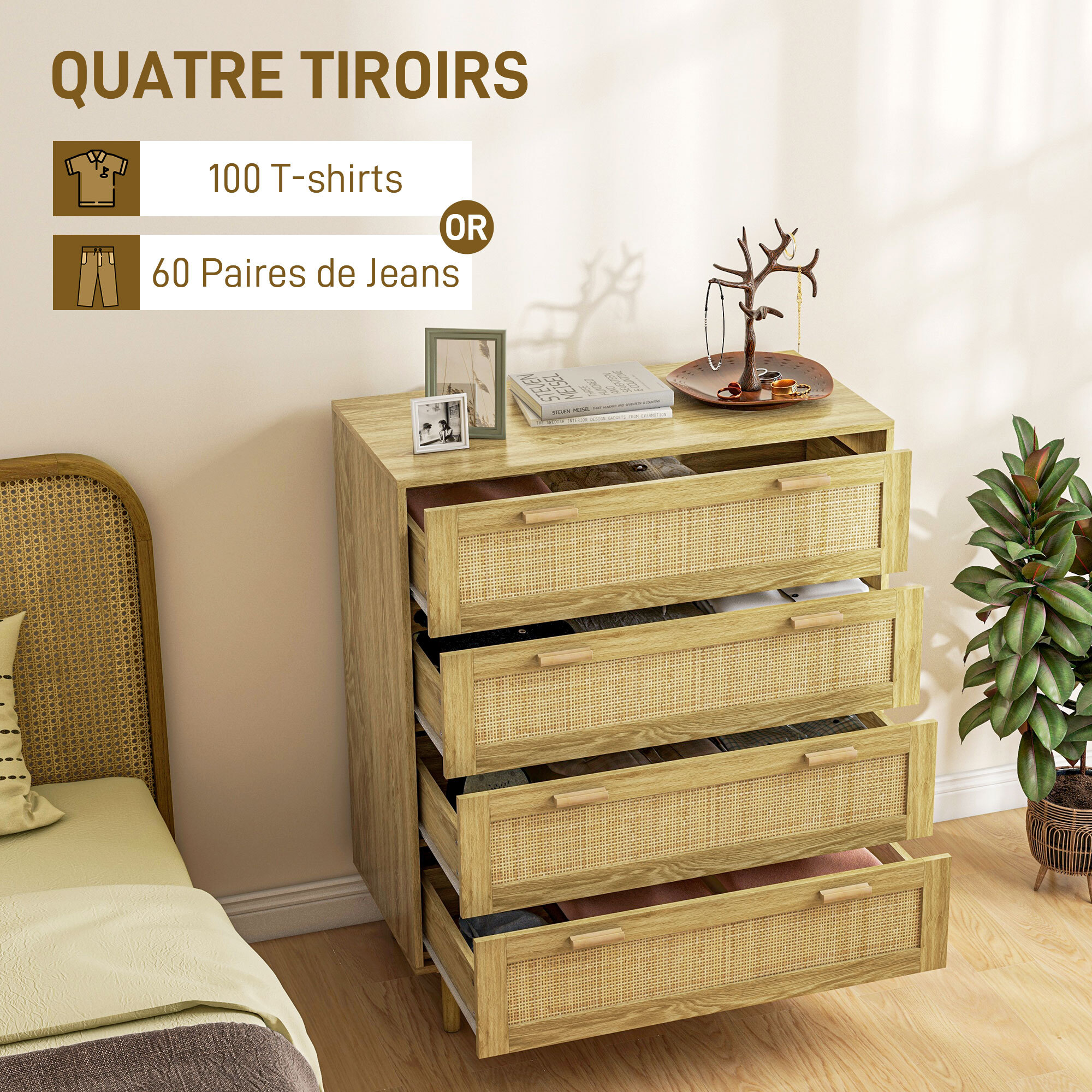 Commode 4 tiroirs style bohème chic - dim. 90L x 45l x 108,5H cm - façades tiroirs cannage rotin aspect chêne clair