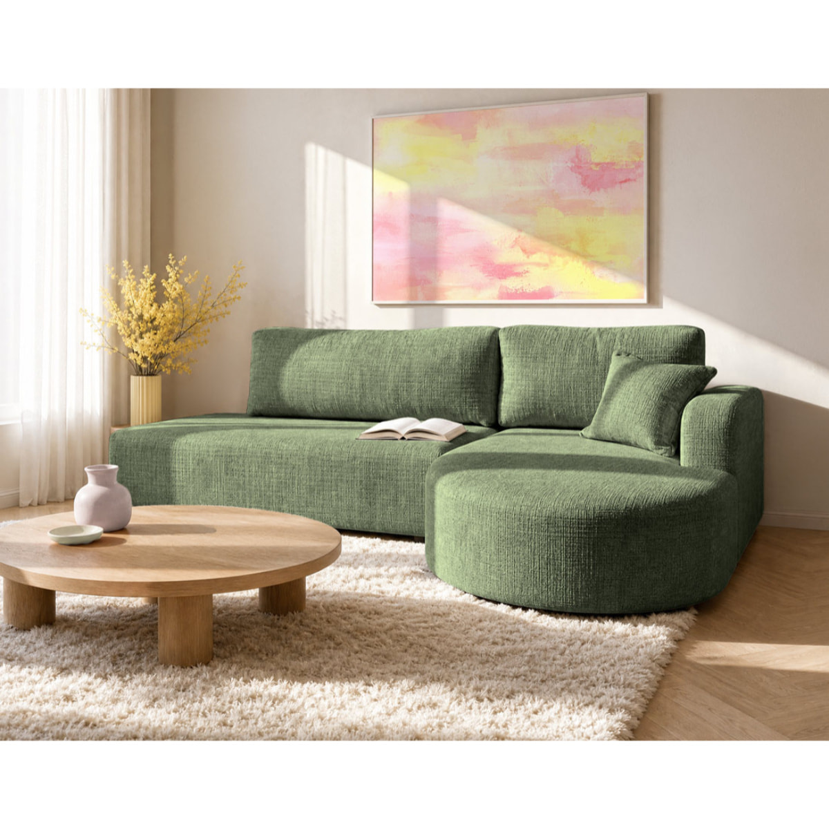 Miro - Canapé d'angle droit 4 places convertible avec coffre en velours texturé - Vert sauge