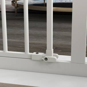 Barrera de Seguridad para Perros Extensible 74-94 cm, para Puertas y Escaleras, Barrera para Perros Medianos, Cierre Automático Montaje a Presión Doble Bloqueo 1 Extensión 14 cm, Blanco
