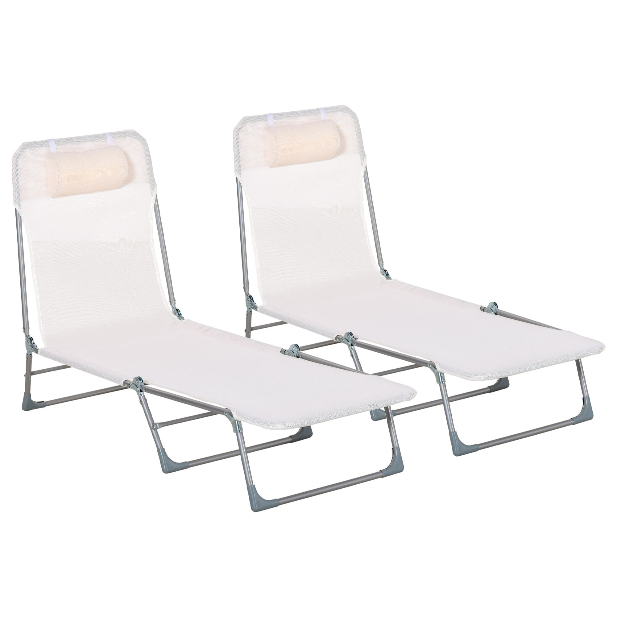 Conjunto de 2 Tumbonas Plegables y Reclinables de Jardín con Reposacabezas y Respaldo Ajustable en 5 Niveles Carga 120 kg para Playa Terraza 182x56x24,5 cm Crema