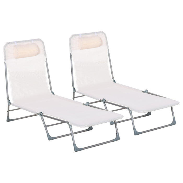 Conjunto de 2 Tumbonas Plegables y Reclinables de Jardín con Reposacabezas y Respaldo Ajustable en 5 Niveles Carga 120 kg para Playa Terraza 182x56x24,5 cm Crema