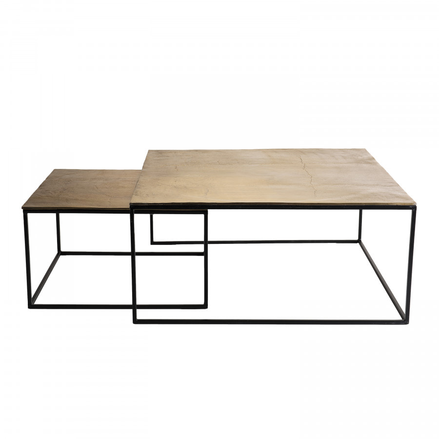 JONAS - Set de 2 tables gigognes carrées aluminium doré - pieds métal noir