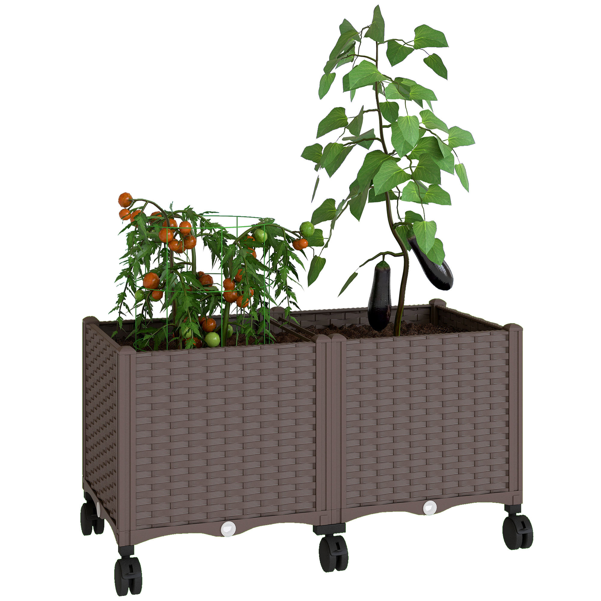 Jardinera Elevada con 6 Ruedas, Jardinera Exterior Móvil de Plástico con Riego Automático y Drenaje, Macetero Exterior para Cultivos, Plantas, Jardín, Terraza, 80x40x43 cm, Marrón