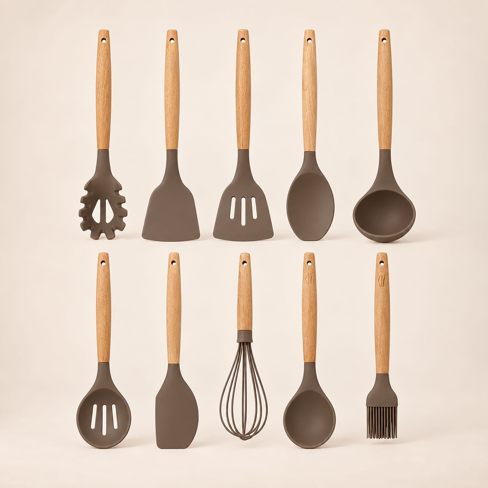 Lot de 10 ustensiles en silicone et manche en bois  ELIOTT