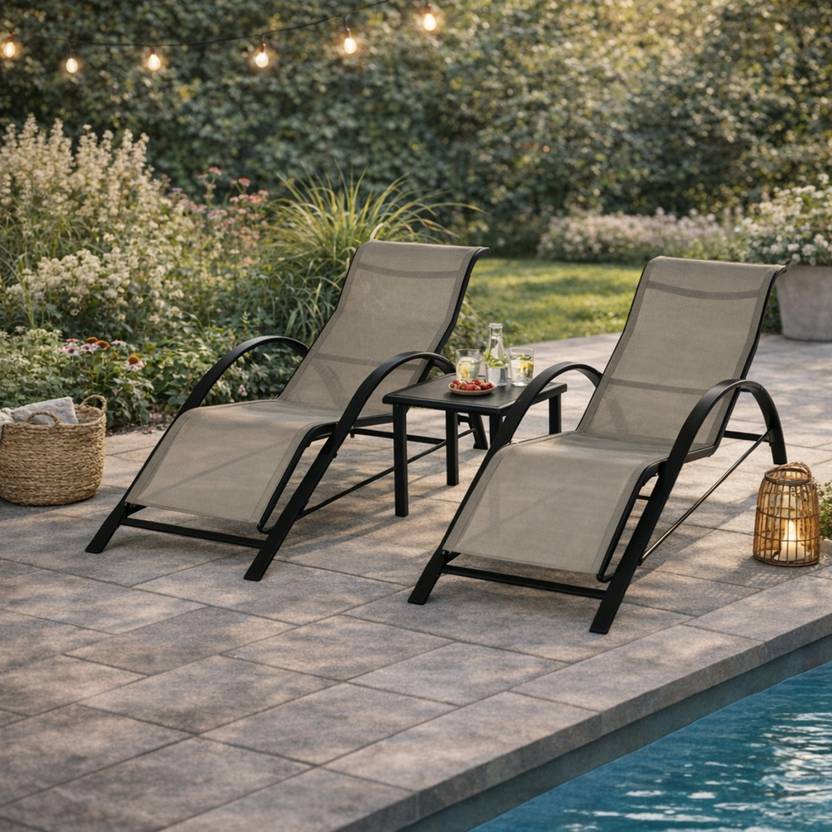 Lot de 2 bains de soleil – Design contemporain – Table incluse
