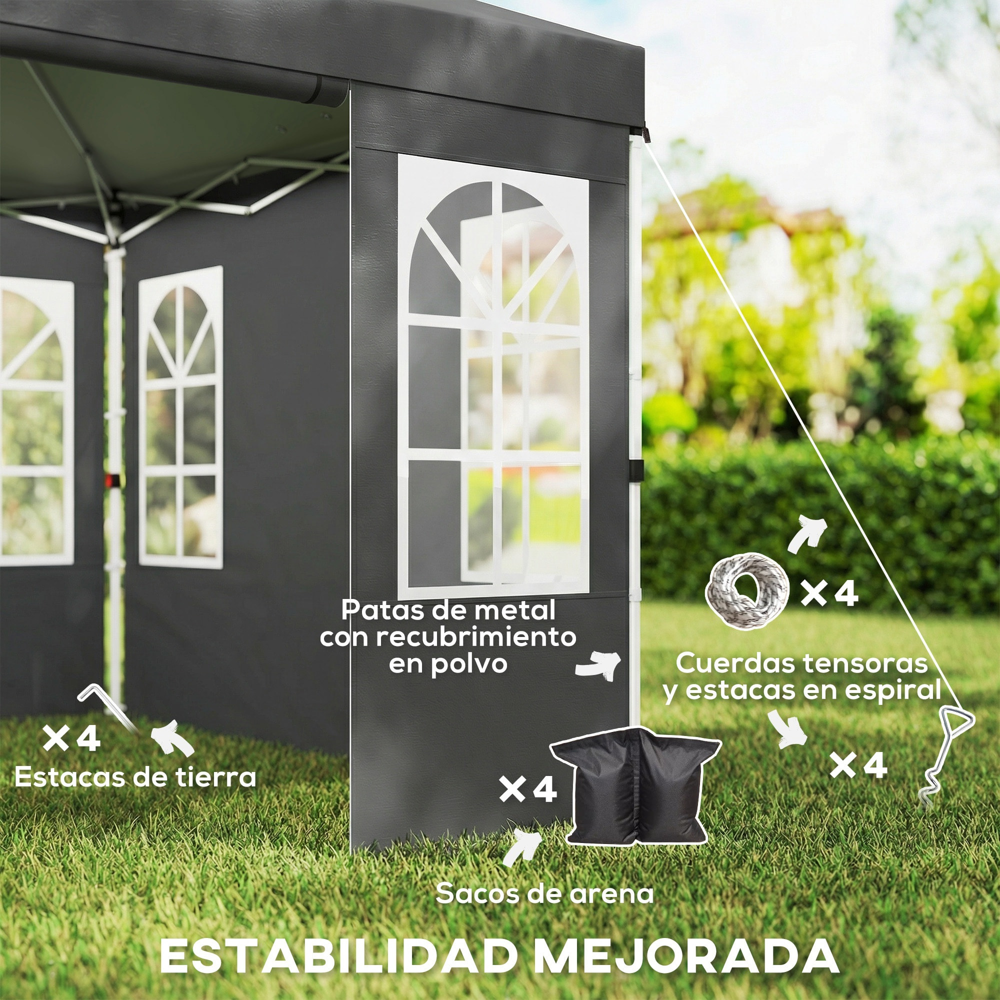Carpa Plegable 3x3 m, Pop-up, con 4 Laterales Extraíbles, Cenador de Jardín con UPF50+, Bloqueo Central, Altura Ajustable, Bolsa de Transporte, Sacos Arena, Gazebo para Exterior, Gris Oscuro