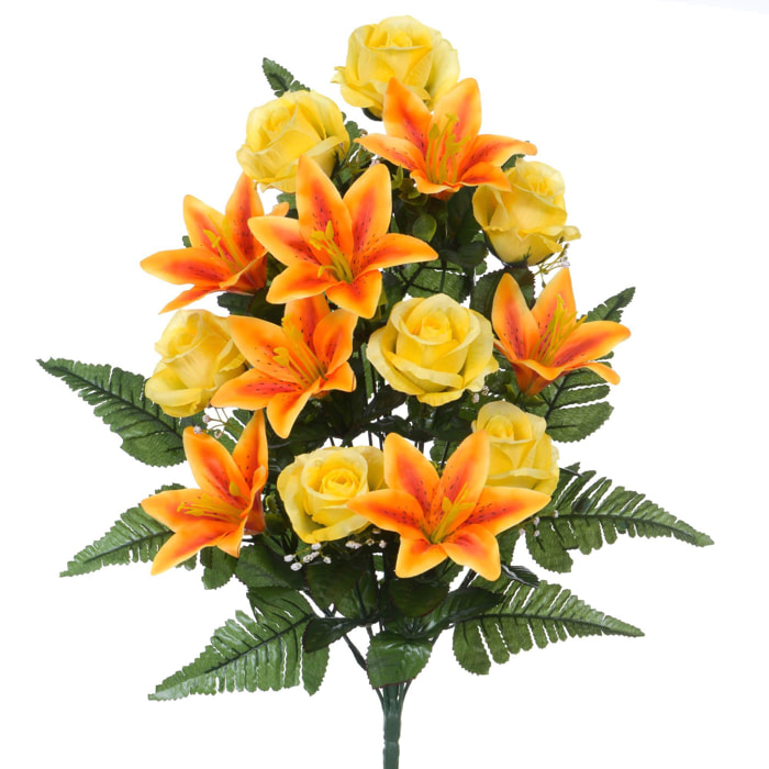 Bouquet Frontale Composto Da 14 Rose E Lilium. Altezza 55 Cm - Pezzi 3 - 34X55X14cm - Colore: Giallo - Bianchi Dino - Fiori Artificiali