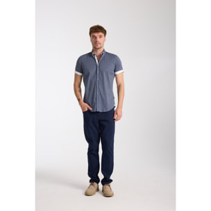 camicia uomo slim 1 bottone button down doppio collo Popeline Stretch Riga Media Blu\Bianco