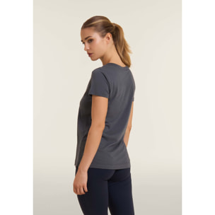 T-shirt donna con mini spacchi laterali e logo in strass