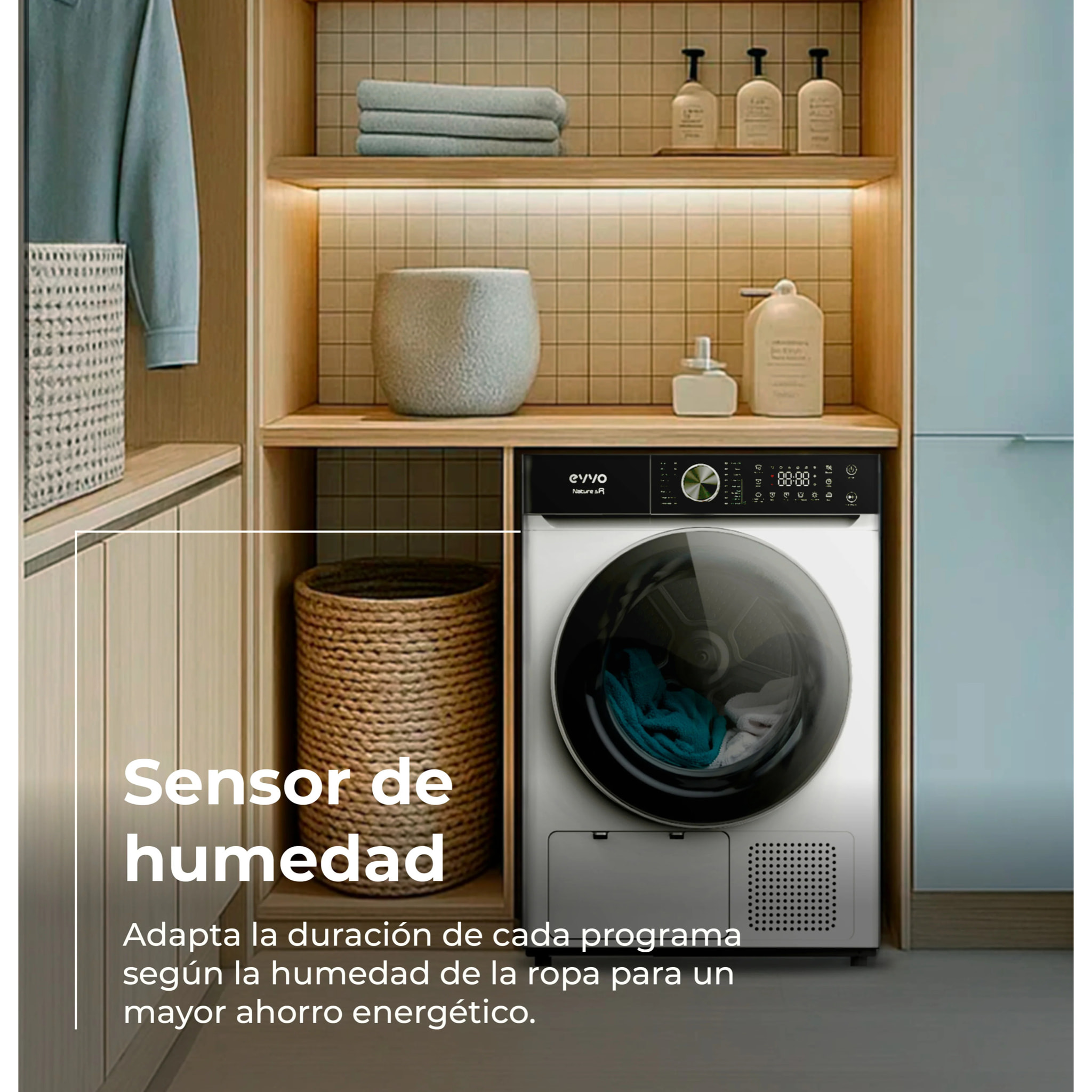 EVVO Secadora 10 kg bomba de calor Nature SR10, Clase energética E, AirWash, Sensor de humedad, Antiarrugas, Inicio diferido, blanca