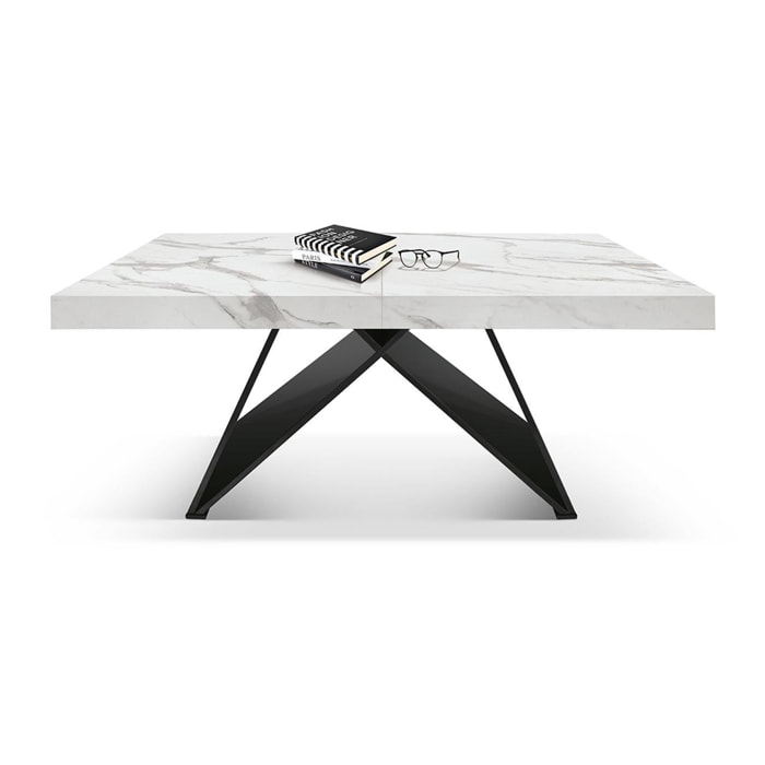 Tavolo VULCANO in legno, finitura bianco statuario e base in legno mdf nero, allungabile 160x90 cm - 240x90 cm