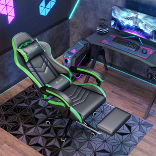 Silla Gaming Ergonómica Reclinable 135°, Silla Gamer Racing de Cuero PU con Soporte Lumbar, Altura Ajustable, Reposacabezas y Reposapiés Retráctil, para Oficina, Estudio, Negro y Verde