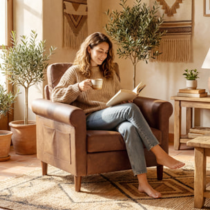 Sillón Relax, Sofá Individual, Tapizado en PU, Cojín Grueso, Respaldo con Costuras, Asiento Amplio, Patas de Madera Maciza para Salón, Dormitorio y Oficina, 82x71x84 cm, Marrón