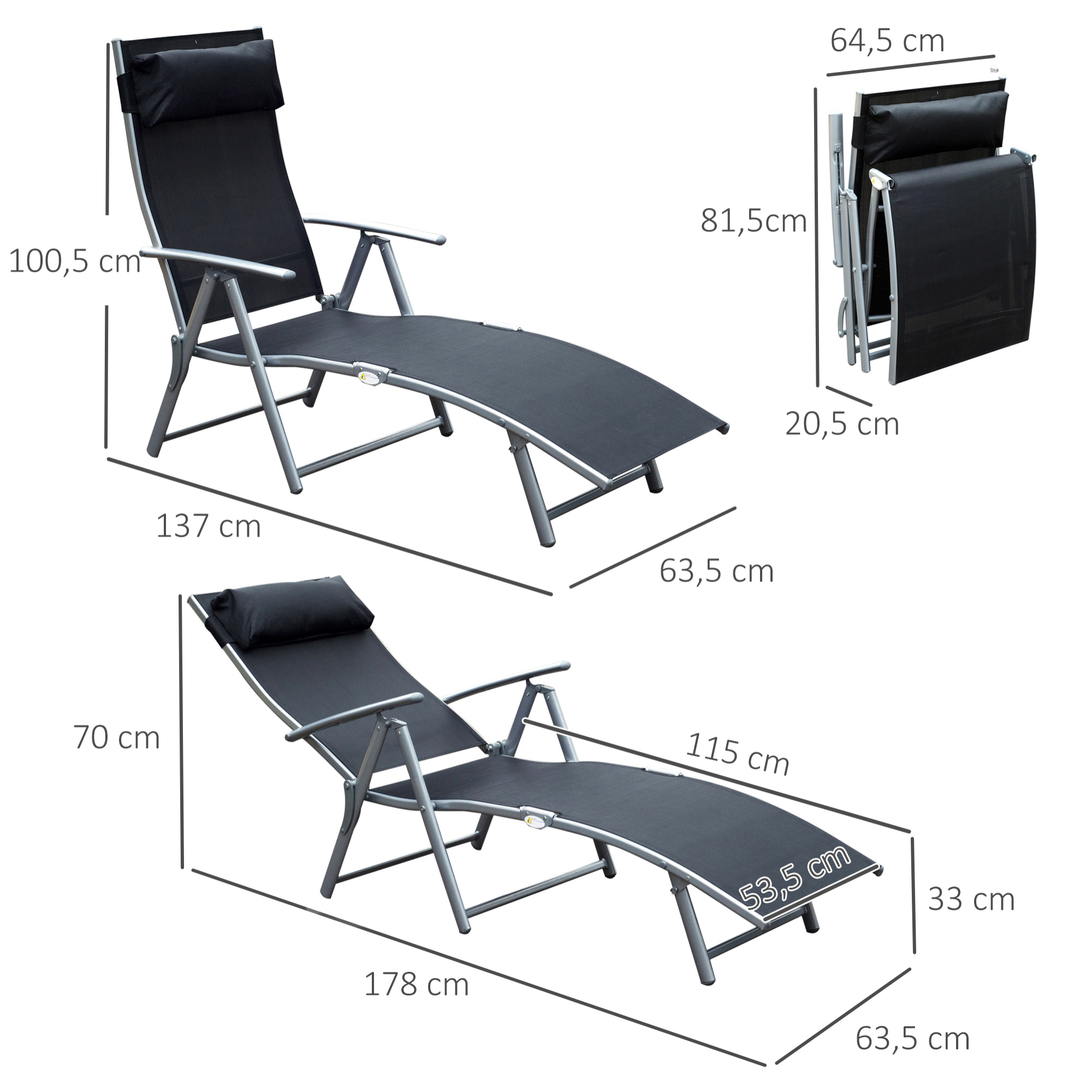 Conjunto de 2 Tumbonas Plegables Tumbonas de Jardín con Respaldo Ajustable Almohada y Reposabrazos Carga 165 kg para Piscina Terraza Camping 137x63,5x100,5 cm Negro
