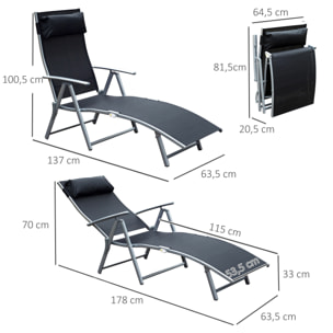 Conjunto de 2 Tumbonas Plegables Tumbonas de Jardín con Respaldo Ajustable Almohada y Reposabrazos Carga 165 kg para Piscina Terraza Camping 137x63,5x100,5 cm Negro