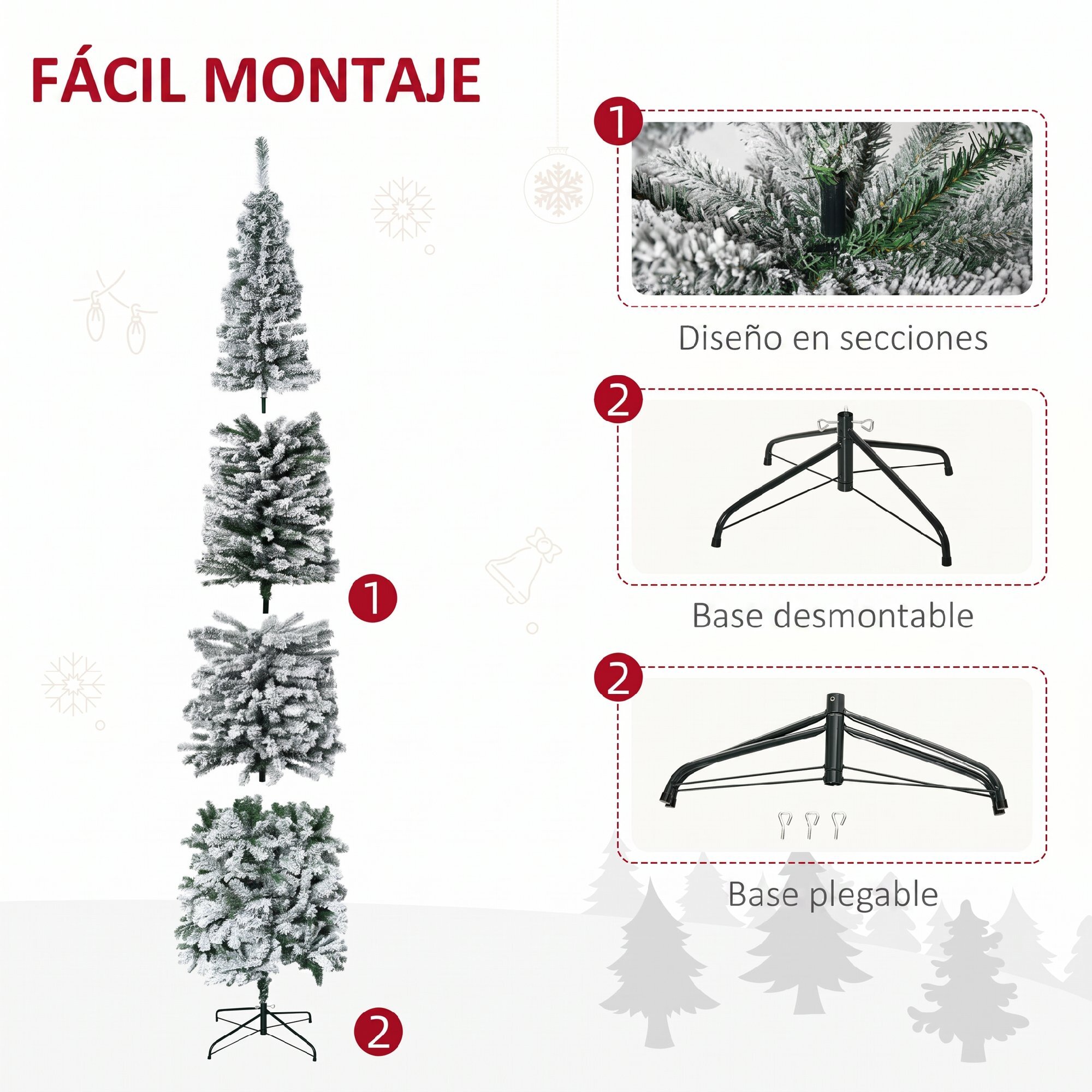 Árbol de Navidad Estrecho 270 cm Árbol de Navidad Artificial Nevado con 1014 Ramas y Soporte de Metal Árbol Navideño para Salón Verde y Blanco