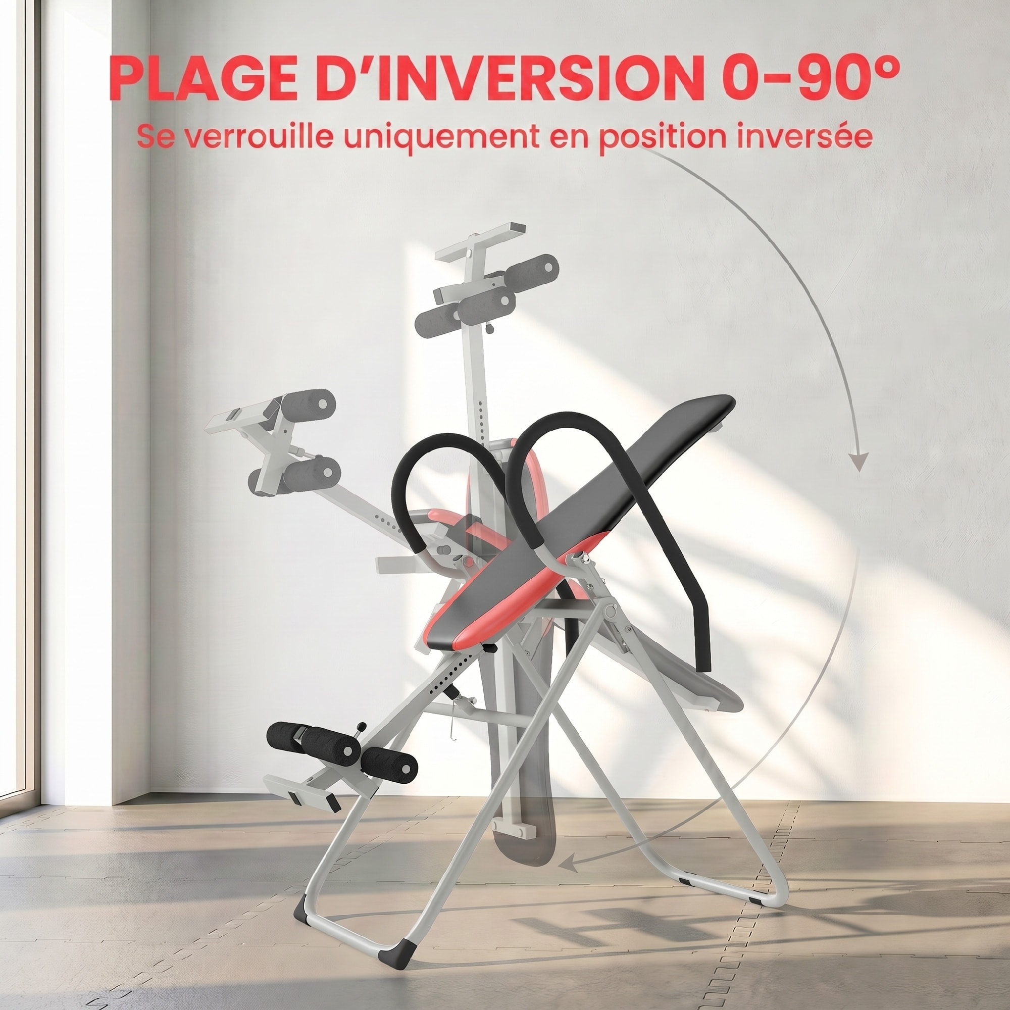 Table d'inversion pliable réglable - option 90 degrés - ceinture sécurité - gris rouge noir