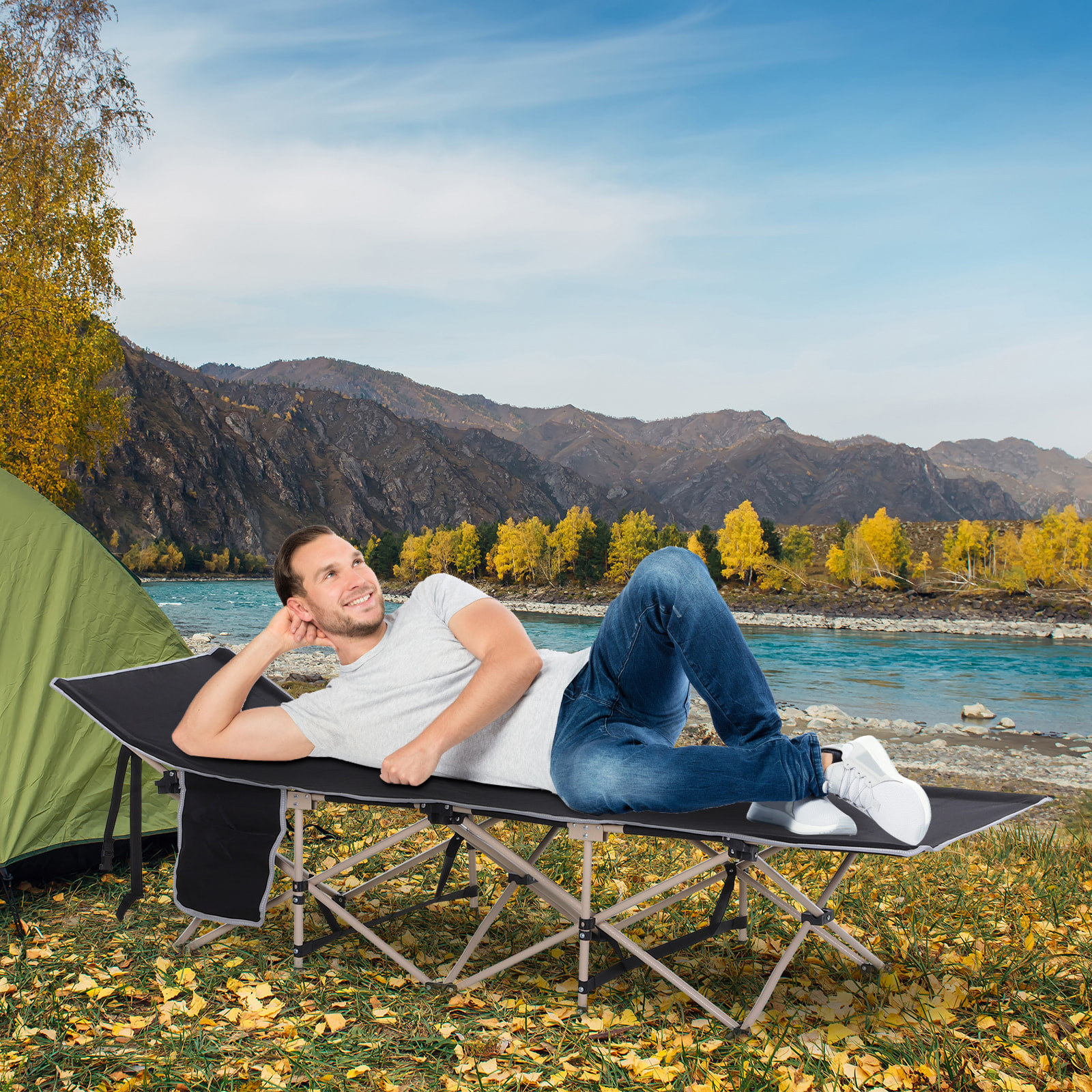 Cama de Camping Plegable Cama de Acampada con 1 Bolsillo Lateral Bolsa de Transporte y Marco de Acero Carga 150 kg para Playa Senderismo 190x68x52 cm Negro