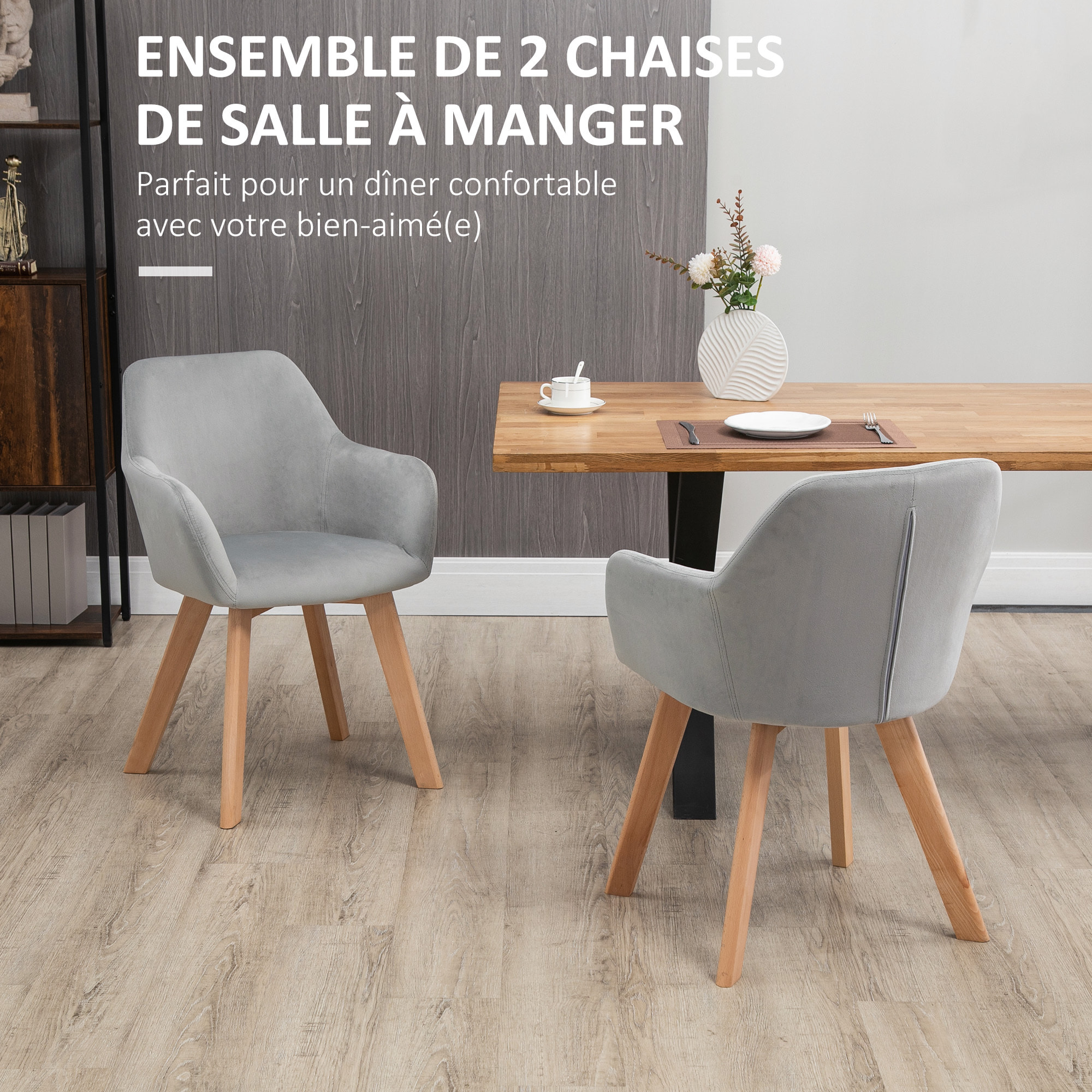 Chaises de visiteur design scandinave - lot de 2 chaises - pieds bois hévéa - assise dossier accoudoirs velours gris