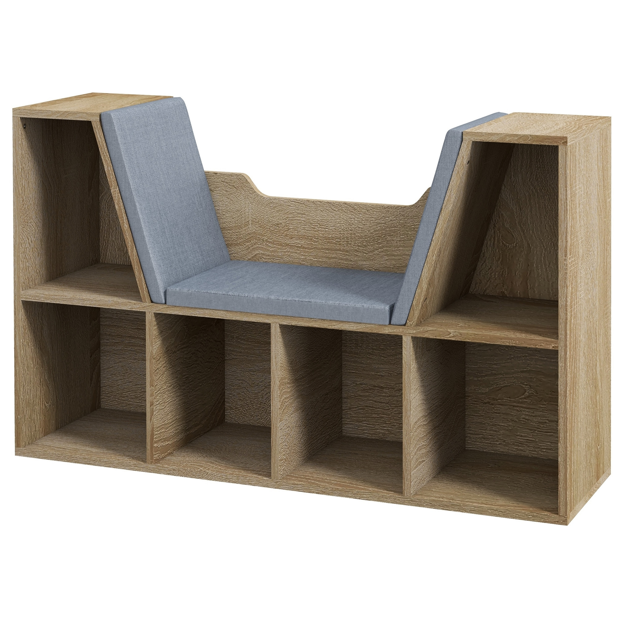 Bibliothèque banc 2 en 1 design contemporain 6 casiers 3 coussins fournis 102L x 30l x 61H cm aspect chêne clair gris