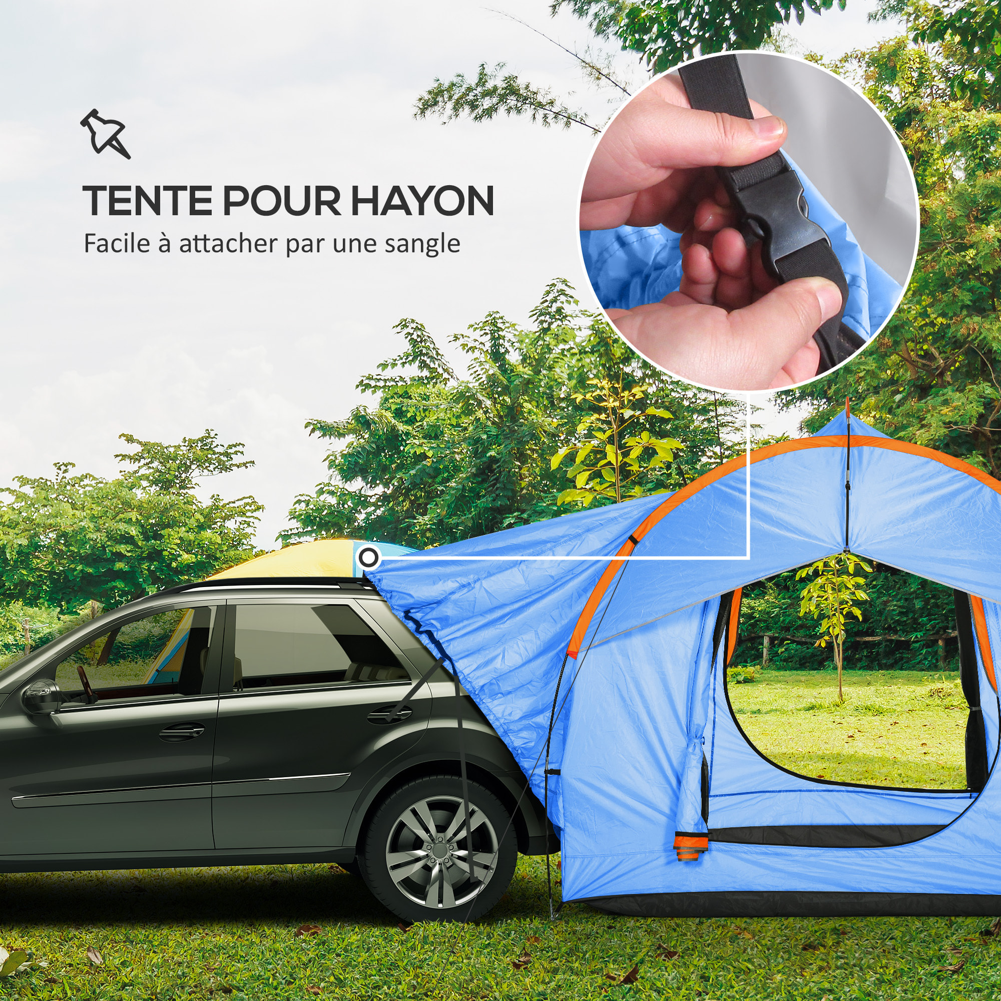 Tente arrière hayon véhicule 4 personnes - auvent pour voiture 3 portes et fenêtre en maille - bleu