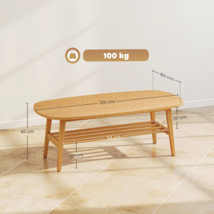 Mesa de Centro de 2 Niveles, Mesa baja para Salón Moderno con Estante Abierto Inferior y Patas de Madera de Caucho, para Sala de Estar, Dormitorio, 120x60x42cm, Natural