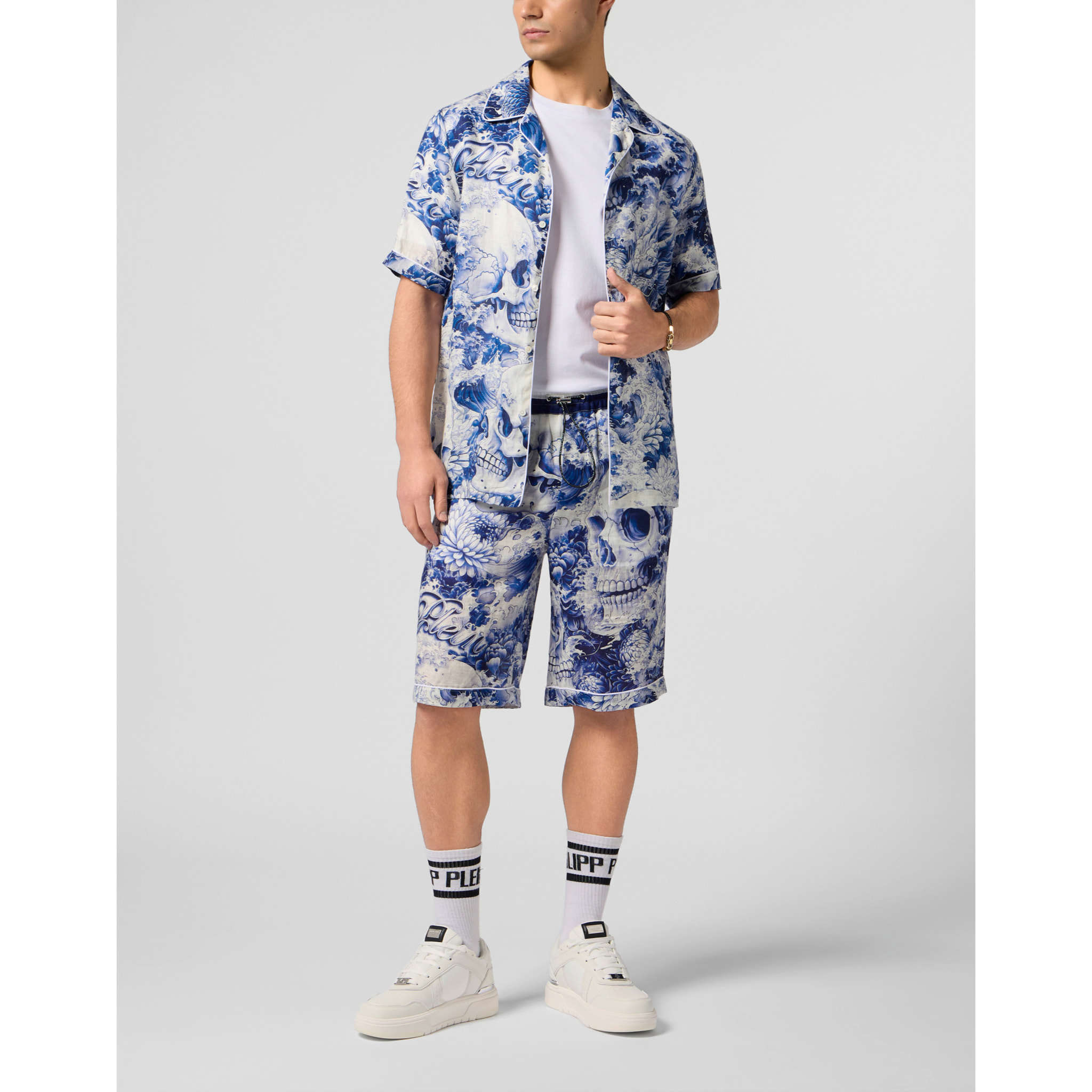PHILIPP PLEIN Linen Bowling Shirt All-Over Ceramic