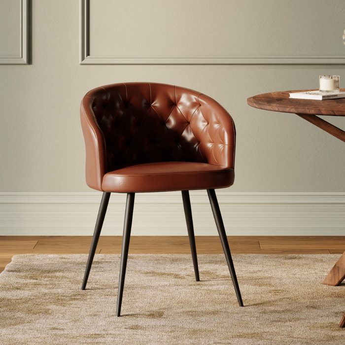 Chaise en cuir de buffle marron et pieds en métal noir - Anatole