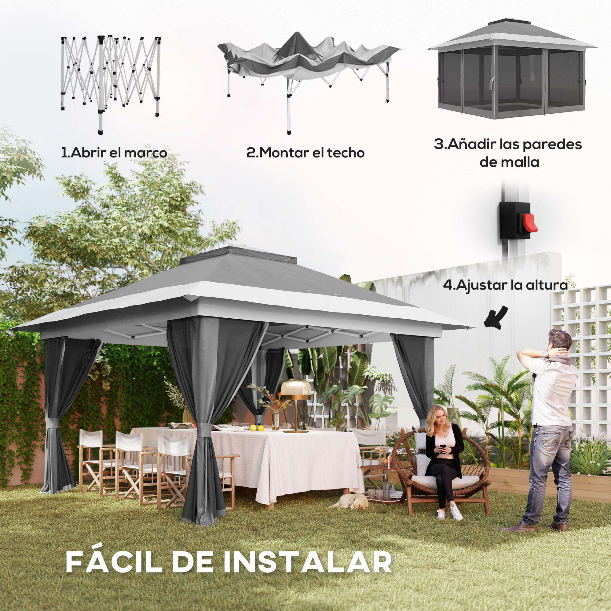 Carpa Plegable Gazebo, 3,6x3,6 m, Cenador Plegable con 4 Paredes Laterales de Malla, Anti-UV, Altura Ajustable, Bolsa de Arena y Bolsa de Transporte, para Camping, Fiestas, Gris Oscuro