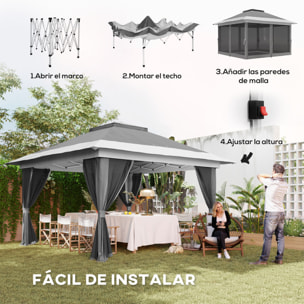 Carpa Plegable Gazebo, 3,6x3,6 m, Cenador Plegable con 4 Paredes Laterales de Malla, Anti-UV, Altura Ajustable, Bolsa de Arena y Bolsa de Transporte, para Camping, Fiestas, Gris Oscuro