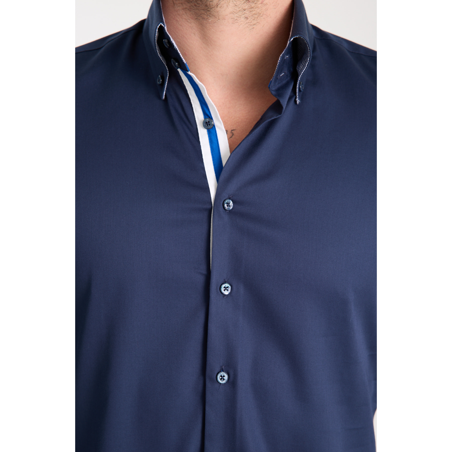 Camicia Uomo 2 Bottoni Button Down Slim Satin Unito Blu