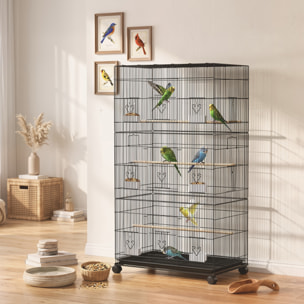 Jaula Grande para Pájaros con Ruedas, Jaula Metálica con 6 Comederos, Bandeja Extraíble, Múltiples Puertas, 3 Perchas de Madera, Pajarera para Periquitos, Agapornis, Ninfas 77x46,5x141 cm Negro