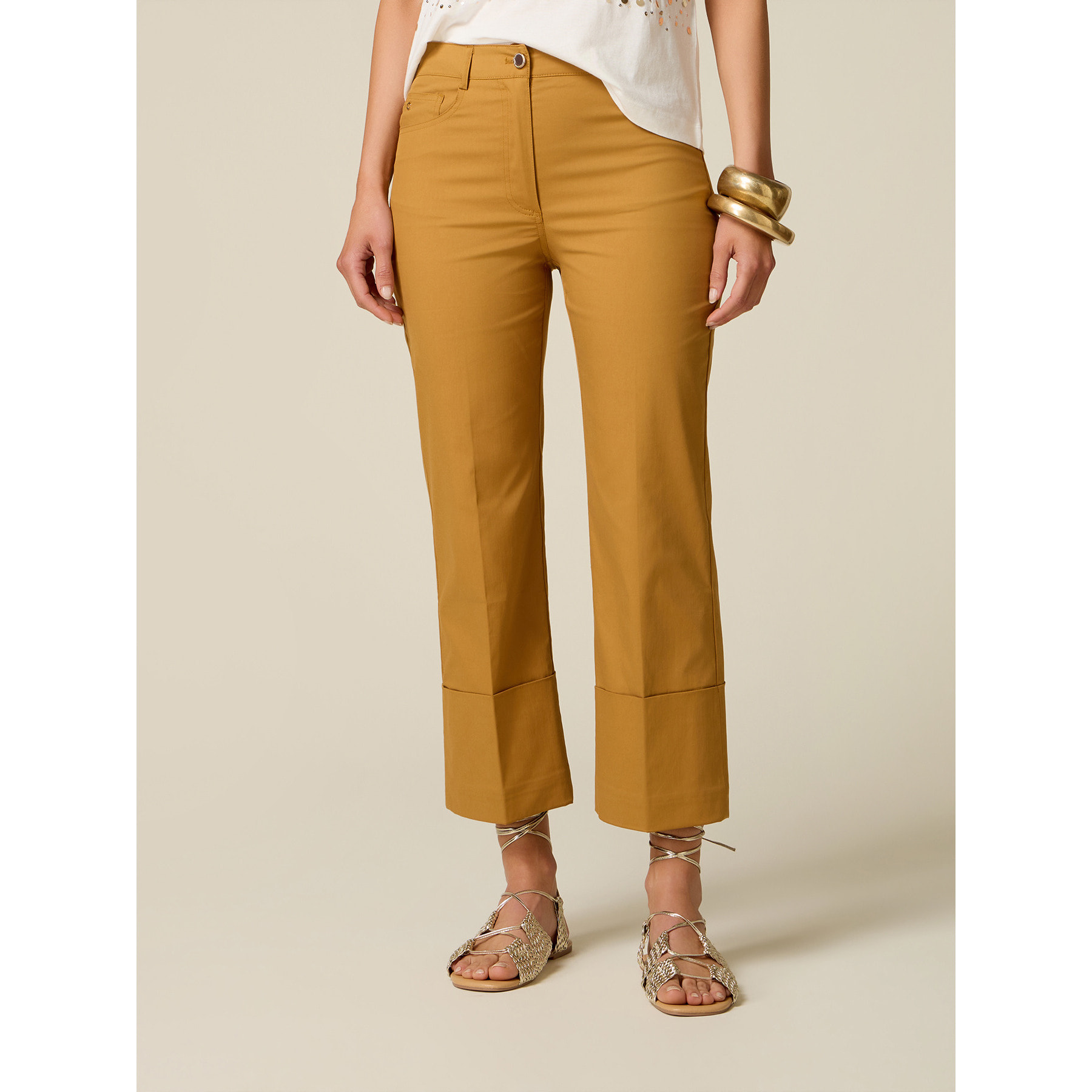 Oltre - Pantalones cropped con vuelta - Amarillo